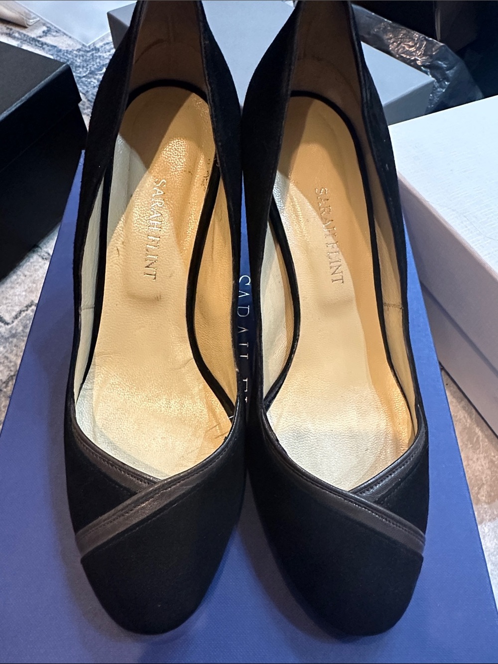 Sarah Flint Black Suede Pumps with Leather Trim